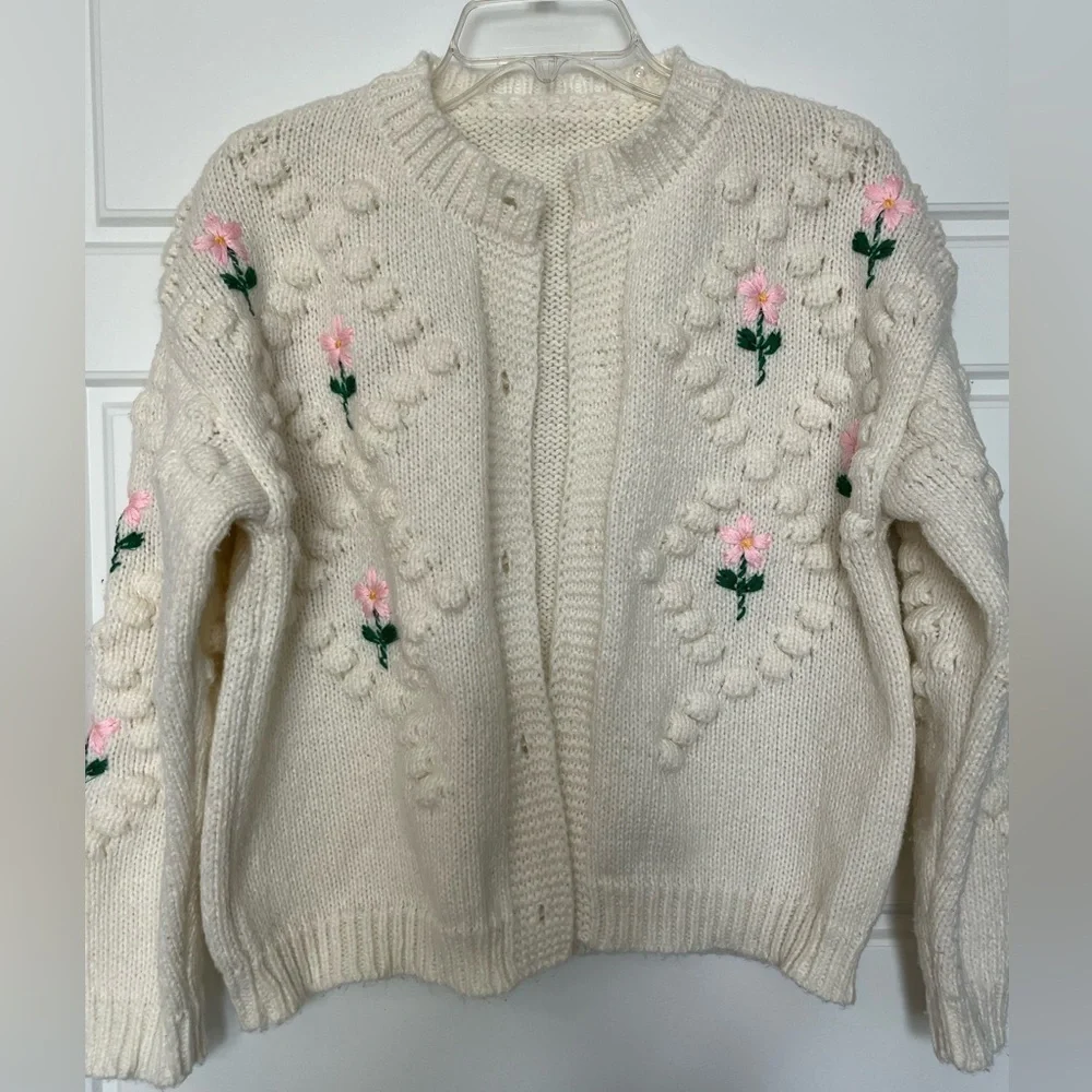 Floral Knit Cardigan Cottagecore Grandma Chic Sweater Feminine Girlhoodcore M